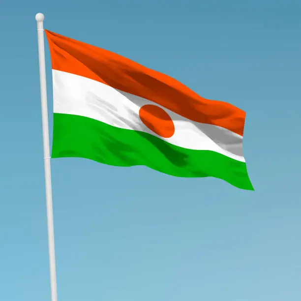 Vector illustration of Waving flag of Niger on flagpole. Template for independence day