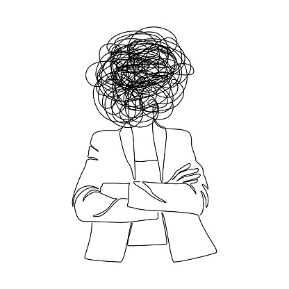 Continuous one line drawing of woman with confused messy feelings worried about bad mental health. Work burnout and anxiety concept in simple linear style. Editable stroke. Vector illustration.