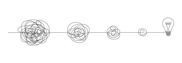 один непрерывный линейный рисунок пути от хаотичности к простоте и лампочке. концепция решения проблем и бизнес-решений в простом линейном - continuity electricity single line symbol stock illustrations
