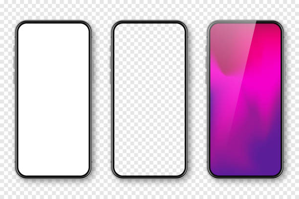 Smartphone with blank touch screen and abstract colorful background, wallpaper. Frameless mobile phone in front view. High quality detailed device mockup. Vector illustration Smartphone with blank touch screen and abstract colorful background, wallpaper. Frameless mobile phone in front view. High quality detailed device mockup. Vector illustration. portable information device stock illustrations