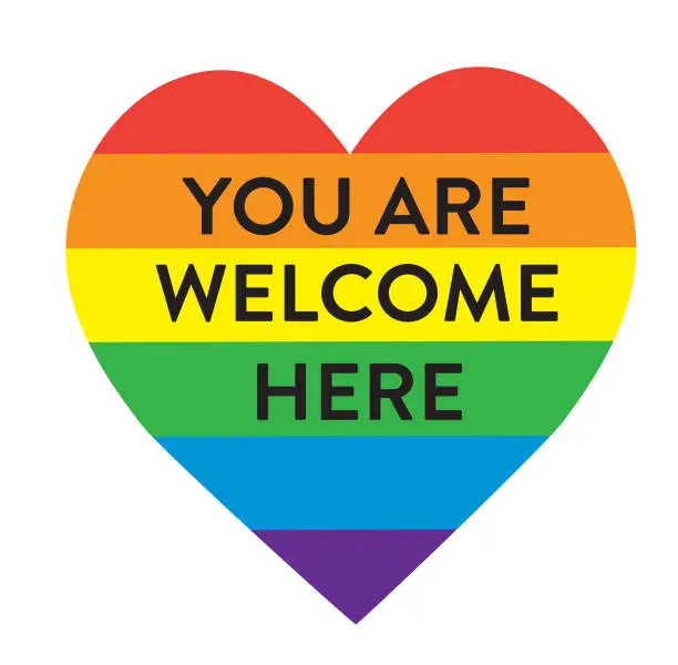 Vector illustration of LGBTQIA You are welcome here heart shape icon label button or sign with pride rainbow on white background