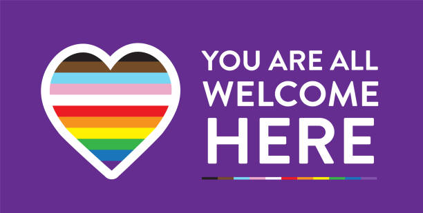 LGBTQIA You are all welcome here icon or sign with heart shape pride flag Vector illustration of a LGBTQIA Safe Space Signage with rainbow pride flag. Easy to edit vector eps. Includes high resolution jpg. pride flag icon stock illustrations