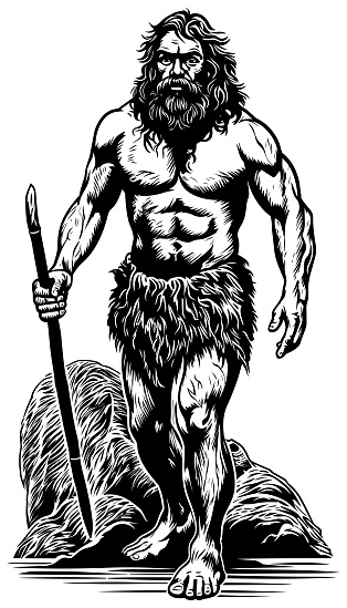 Linocut style illustration of caveman walking and holding wooden stick.