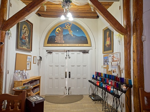Taos, New Mexico - USA, May 12, 2023. Entrance vestibule to San Francisco de Asis Catholic mission church in Taos NM.