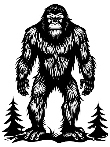 Linocut illustration of Bigfoot wandering in forest.