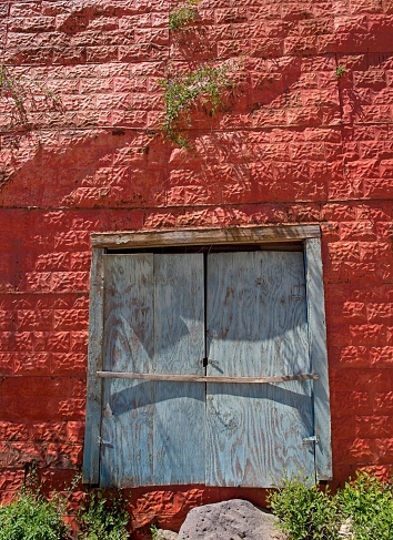 Crumbling red tin siding covering a barn in Ranchos de Taos New Mexico. Earthen adobe material behind the facade supports plant growth on the wall face. An abstract texture design in the harsh southwest sun.