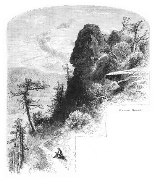 Monument Mountain in The Berkshires, Massachusetts, United States, American Geography Monument Mountain in The Berkshires, Massachusetts. USA. Pencil and pen, engraving published 1874. This edition edited by William Cullen Bryant is in my private collection. Copyright is in public domain. berkshires stock illustrations