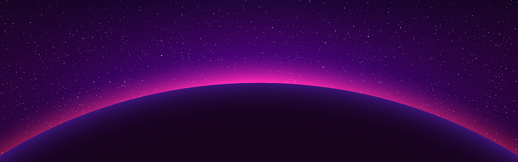 Planet sunrise. Sun eclipse in cosmos. Starry background with planet orbit. Glowing solar ring. Horizon effect with color glow. Beautiful white stars. Vector illustration.
