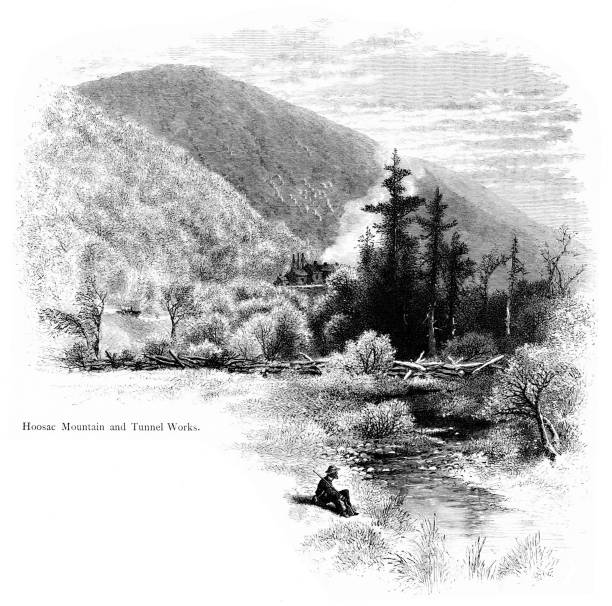 Hoosac Mountain and Tunnel Works, Massachusetts, United States, American Geography In the Housatonic River valley, Hoosac Mountain and Tunnel Works, Massachusetts, USA. Pencil and pen, engraving published 1874. This edition edited by William Cullen Bryant is in my private collection. Copyright is in public domain. rail fence stock illustrations