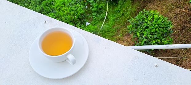 Cup of hot tea on the white table and the tea plantations background