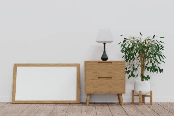 istock Empty mock up poster frame with plant and cabinet, living room interior design, 3D rendering. 1503037579
