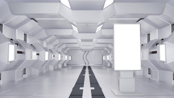 istock Blank mock up vertical billboard or LCD screen floor stand in spaceship or space station interior, Sci Fi tunnel, 3D rendering. 1503037593