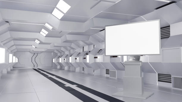 istock Blank mock up vertical billboard or LCD screen floor stand in spaceship or space station interior, Sci Fi tunnel, 3D rendering. 1503037600