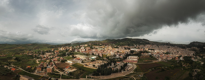 Cityscape of the town of Corleone Sicily Italy. Aerial view