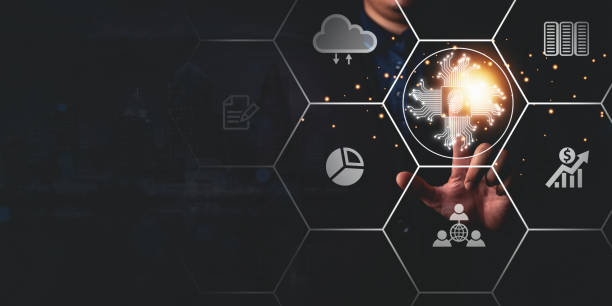 istock Businessman hand pointing at AI chip, artificial intelligence, hardware, HUD and innovation concept 1503039167