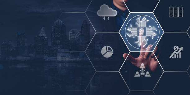 istock Businessman touching the intelligence (AI) in futuristic business and software development, cryptography on interface and synchronize network connection, IoT, innovation. 1503039176