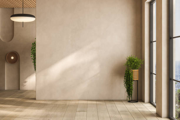 istock Modern interior design of apartment, empty living room with beige wall, panorama. 3d rendering 1503048669