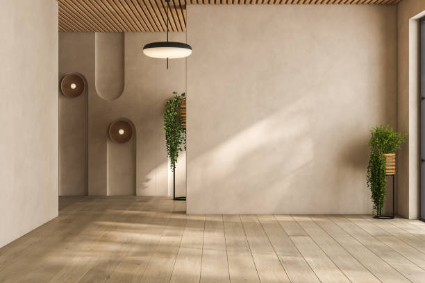 istock Modern interior design of apartment, empty living room with beige wall, panorama. 3d rendering 1503048671