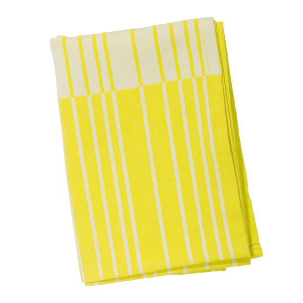 istock Yellow color folded cotton striped napkin isolated. Kitchen towel top view. Element for design 1503060874
