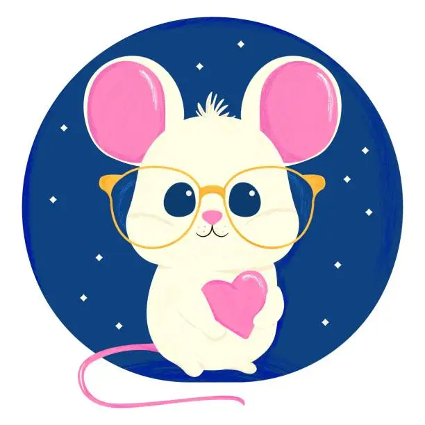 Vector illustration of Vector illustration of a white mouse character in yellow glasses with a pink heart in his paws. Picture of small animal on blue background for clothing print or packaging