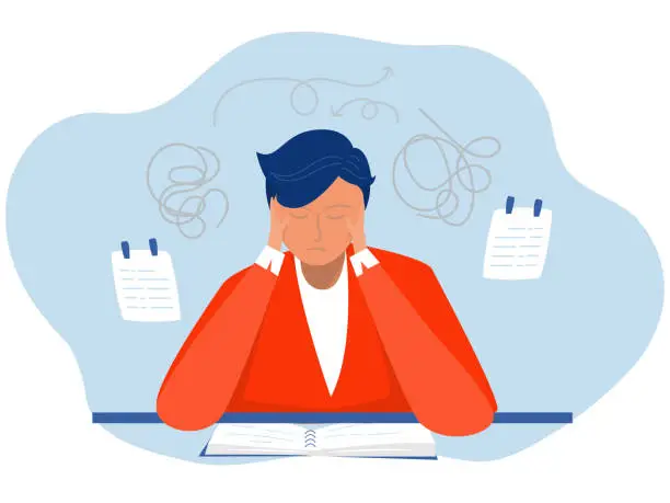 Vector illustration of ADHD people concept, businessman is a headache because tired of doing work Difficulty learning. Dizzy man.vector