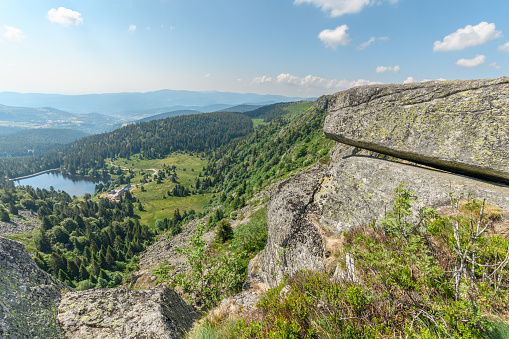 Granite rocks in the high Vosges in spring. Collectivite europeenne d'Alsace,Grand Est, France, Europe.