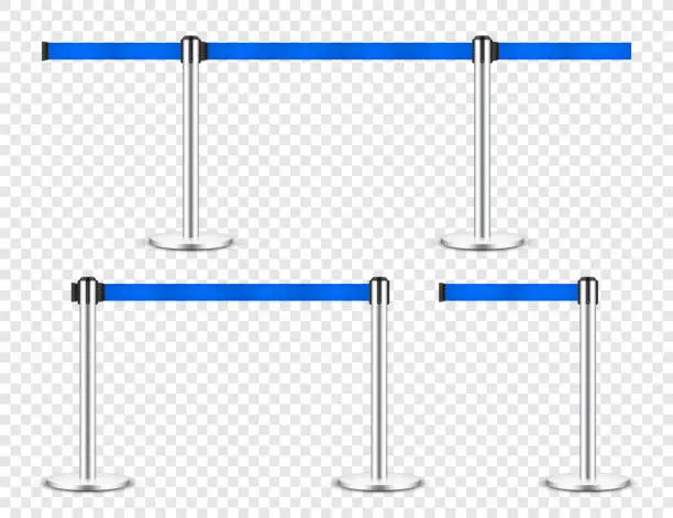 Vector illustration of Realistic blue retractable belt stanchion. Crowd control barrier posts with caution strap. Queue lines. Restriction border and danger tape. Attention, warning sign. Vector illustration