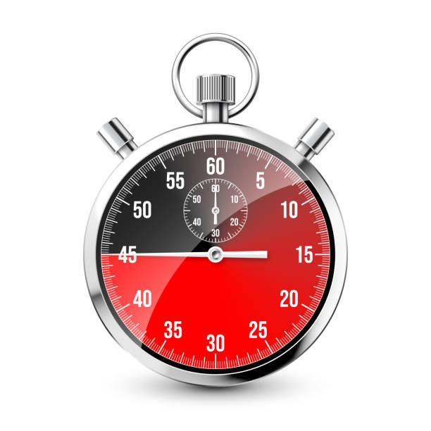 istock Realistic classic stopwatch. Shiny metal chronometer, time counter with dial. Red countdown timer showing minutes and seconds. Time measurement for sport, start and finish. Vector illustration 1503078589
