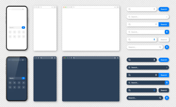 smartfon, puste okno przeglądarki internetowej z różnymi paskami wyszukiwania. silnik strony internetowej z polem wyszukiwania, paskiem adresu i polem tekstowym. projekt interfejsu użytkownika, interfejs strony internetowej. ciemne, jasne tryby. ilustr - iphone google global communications communication stock illustrations