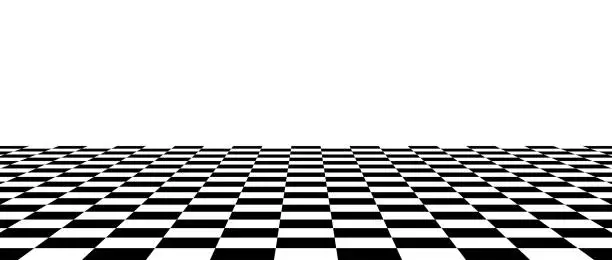 Vector illustration of Black and white checkered tile floor in perspective. Abstract checkerboard texture landscape. Horizontal chessboard plane surface. Empty room background. Vector illustration