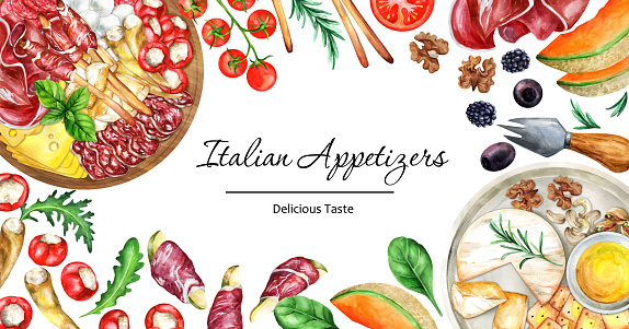 Italian appetizers banner. Antipasto. Template menu design Italian food and snack. Hand-drawn watercolor illustration. Suitable for menus, cookbook and restaurant