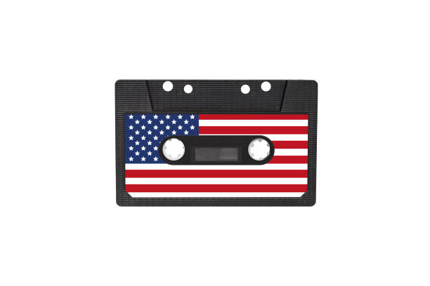 vecchia cassetta magnetica per audio dipinto nel colore della bandiera americana isolata su uno sfondo bianco - british culture audio foto e immagini stock