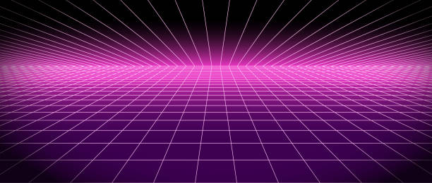 Retro futuristic grid background vanishing in distance. Bright neon pink glowing tile floor and ceiling fading in perspective. Lattice plane landscape wallpaper. Abstract horizontal surface. Vector