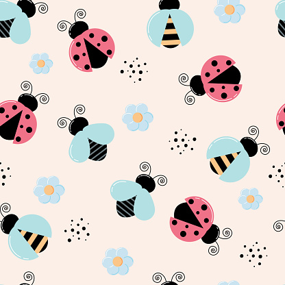 Seamless pattern with cute ladybugs, bees and flies. Vector background with colorful insects. Template for fabric, packaging, office, wallpaper.