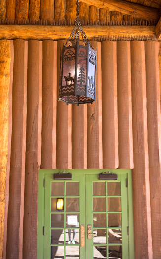 Los Alamos, NM: A detail of the historic Fuller Lodge designed by architect John Gaw Meem; the lantern was also his design.