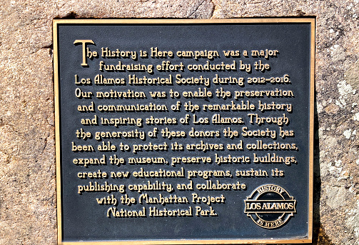 Los Alamos, NM: Los Alamos Historical Society sign outside the Los Alamos History Museum in downtown Los Alamos.