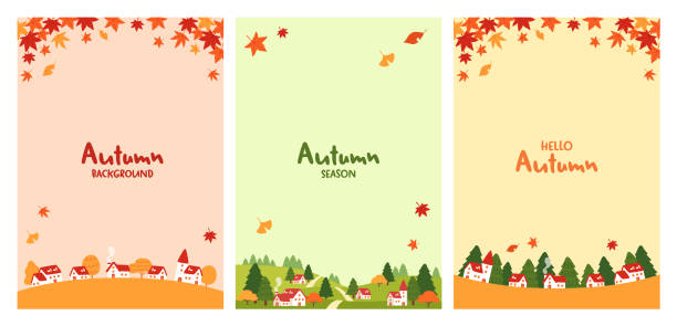 秋の街並みの背景デザインのセット - autumn leaf frame decoration点のイラスト素材／クリップアート素材／マンガ素材／アイコン素材