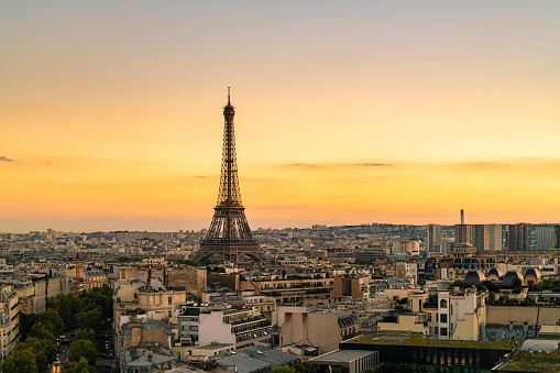 Skyline of Paris by sunset with Eiffel Tower in France, Île-de-France, Paris