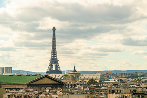 View of Paris skyline with the Eifel tower and  Grand Palais, France in France, Île-de-France, Paris