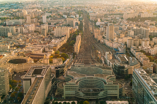 Elevated view of Montparnasse railway station, Paris in France, Île-de-France, Paris