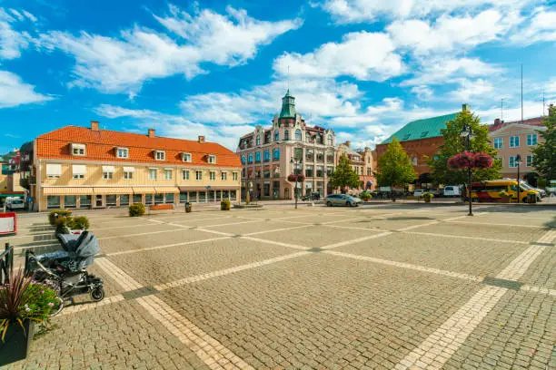 Radhustorget city hall square in vastervik in summer, Sweden in Sweden, Kalmar County, Västervik