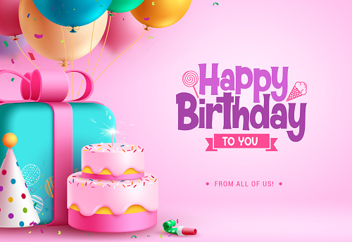 Happy birthday text vector design. Birthday typography with gift box, cake, balloons and party hat colorful elements decoration. Vector illustration dedication template background.