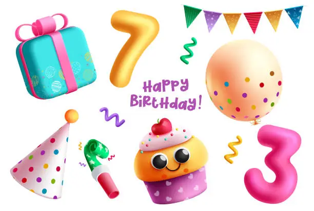 Vector illustration of Birthday elements vector set design. Happy birthday text with colorful party decoration,