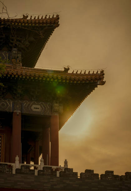 Chinese traditional tower on Forbidden City during sunset. Beijing, China