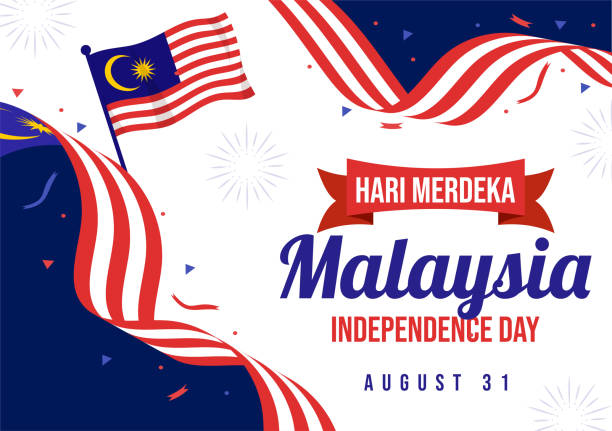 말레이시아 독립 기념일 벡터 일러스트레이션 8월 31일 공휴일 플랫 만화 손으로 그린 배경 템플릿에 깃발을 흔들고 있다 - 말레이시아 국기 stock illustrations