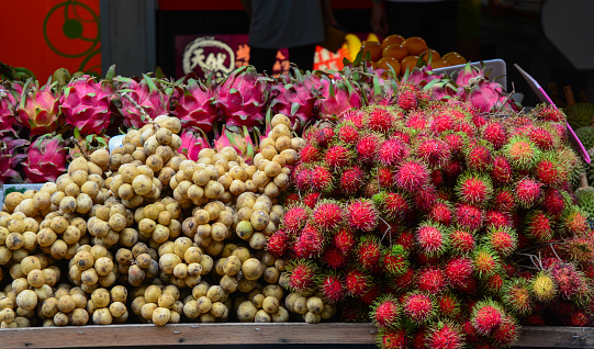 Tropical fruits on the famous market in Chinatown, Singapore.