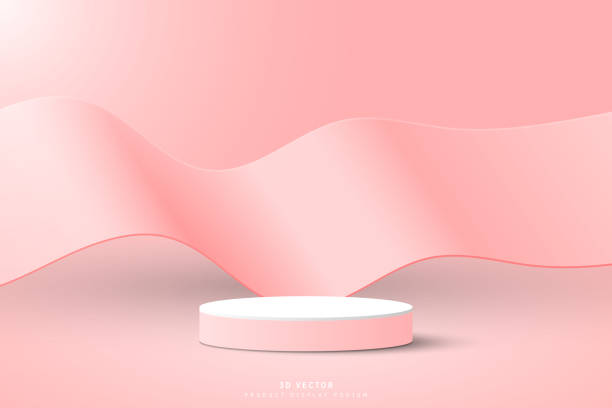 istock Pink white 3d cylinder podium pedestal realistic with wavy curve shape floating background. Abstract 3d vector geometric platforms design. Minimal scene for mockup or product presentation, showcase. 1503169951