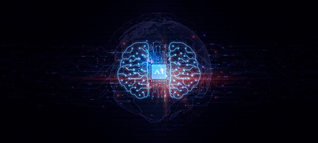 AI, Machine learning, Abstract technology background, the circuit board on dark blue, big data network connection, Science and artificial intelligence, innovation, tech digital future concept
