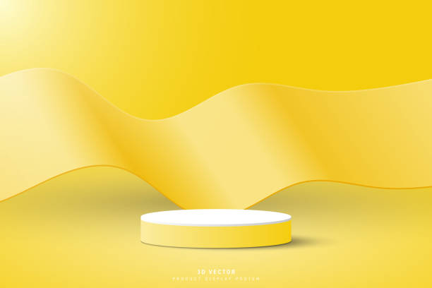 istock Yellow white 3d cylinder podium pedestal realistic with wavy curve shape floating background. Abstract 3d vector geometric platforms design. Minimal scene for mockup or product presentation, showcase. 1503172117