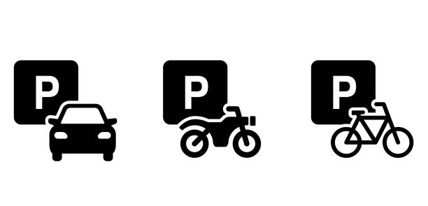 illustrazioni stock, clip art, cartoni animati e icone di tendenza di set di segnaletica stradale per parcheggio auto e moto e biciclette - parking sign